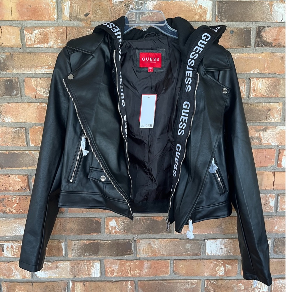 GUESS Black Faux Leather Moto Biker Jacket Women’s Large NWT